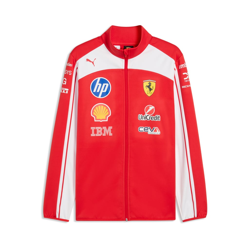Official Scuderia Ferrari 2026 team jacket in red and white, featuring sponsor logos including HP, Shell, and UniCredit.