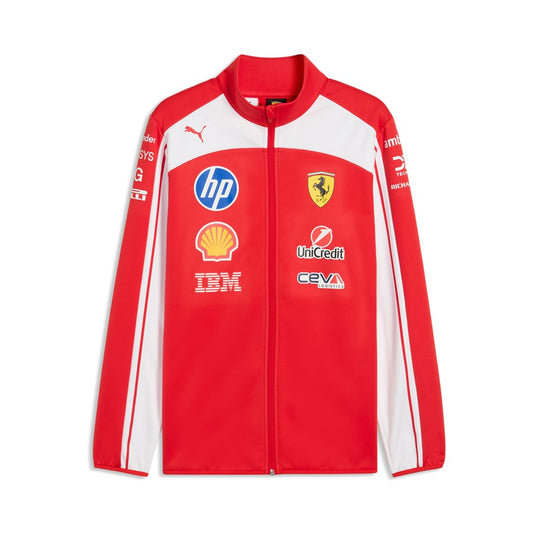 Official Scuderia Ferrari 2026 team jacket in red and white, featuring sponsor logos including HP, Shell, and UniCredit.