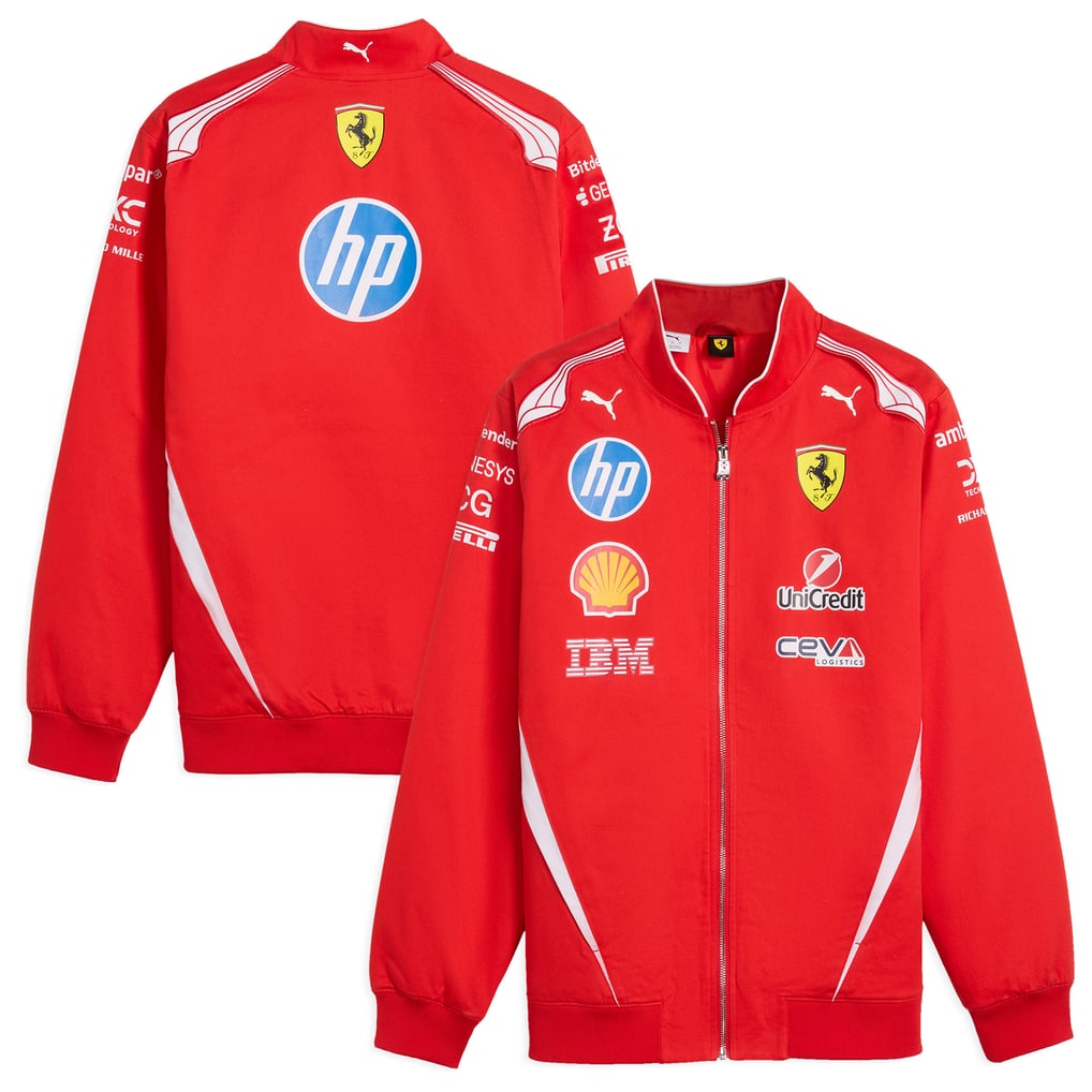 Official Scuderia Ferrari 2026 team racing jacket in red and white, featuring sponsor logos including HP, Shell, and UniCredit.