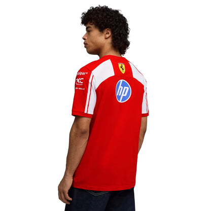 A red and white Scuderia Ferrari 2026 team t-shirt featuring a crew neck, white raglan shoulder panels, and official partner logos including HP, Shell, and UniCredit across the chest.