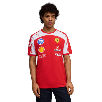 A red and white Scuderia Ferrari 2026 team t-shirt featuring a crew neck, white raglan shoulder panels, and official partner logos including HP, Shell, and UniCredit across the chest.