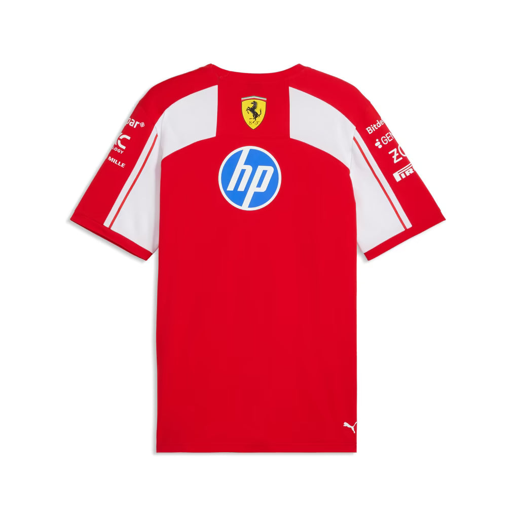 A red and white Scuderia Ferrari 2026 team t-shirt featuring a crew neck, white raglan shoulder panels, and official partner logos including HP, Shell, and UniCredit across the chest.