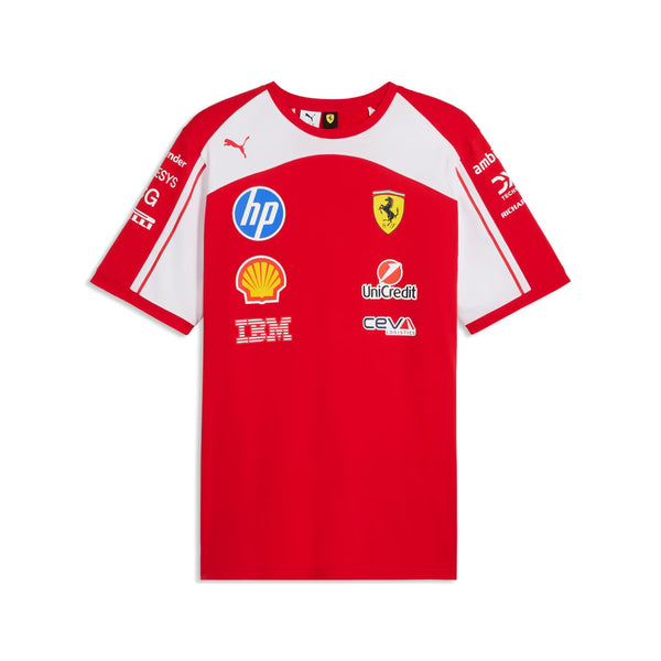 A red and white Scuderia Ferrari 2026 team t-shirt featuring a crew neck, white raglan shoulder panels, and official partner logos including HP, Shell, and UniCredit across the chest.