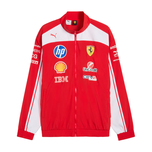 Red and white Scuderia Ferrari 2026 Team windbreaker jacket featuring a full zip and sponsor logos including HP and Shell