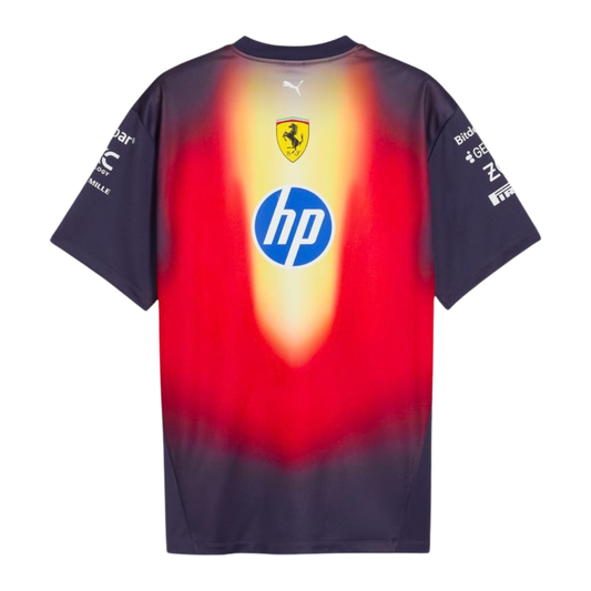 A special edition navy blue and red Scuderia Ferrari 2026 Chinese GP team t-shirt featuring a crew neck and official partner logos including HP, Shell, and UniCredit across the chest.