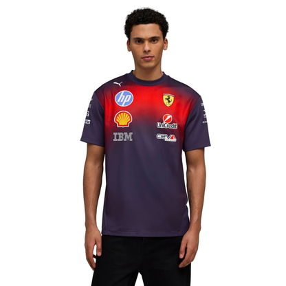 A special edition navy blue and red Scuderia Ferrari 2026 Chinese GP team t-shirt featuring a crew neck and official partner logos including HP, Shell, and UniCredit across the chest.