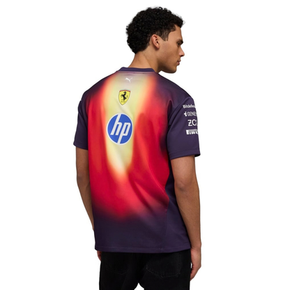 A special edition navy blue and red Scuderia Ferrari 2026 Chinese GP team t-shirt featuring a crew neck and official partner logos including HP, Shell, and UniCredit across the chest.
