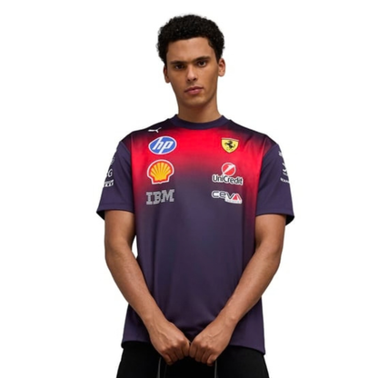 A special edition navy blue and red Scuderia Ferrari 2026 Chinese GP team t-shirt featuring a crew neck and official partner logos including HP, Shell, and UniCredit across the chest.