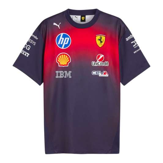A special edition navy blue and red Scuderia Ferrari 2026 Chinese GP team t-shirt featuring a crew neck and official partner logos including HP, Shell, and UniCredit across the chest.