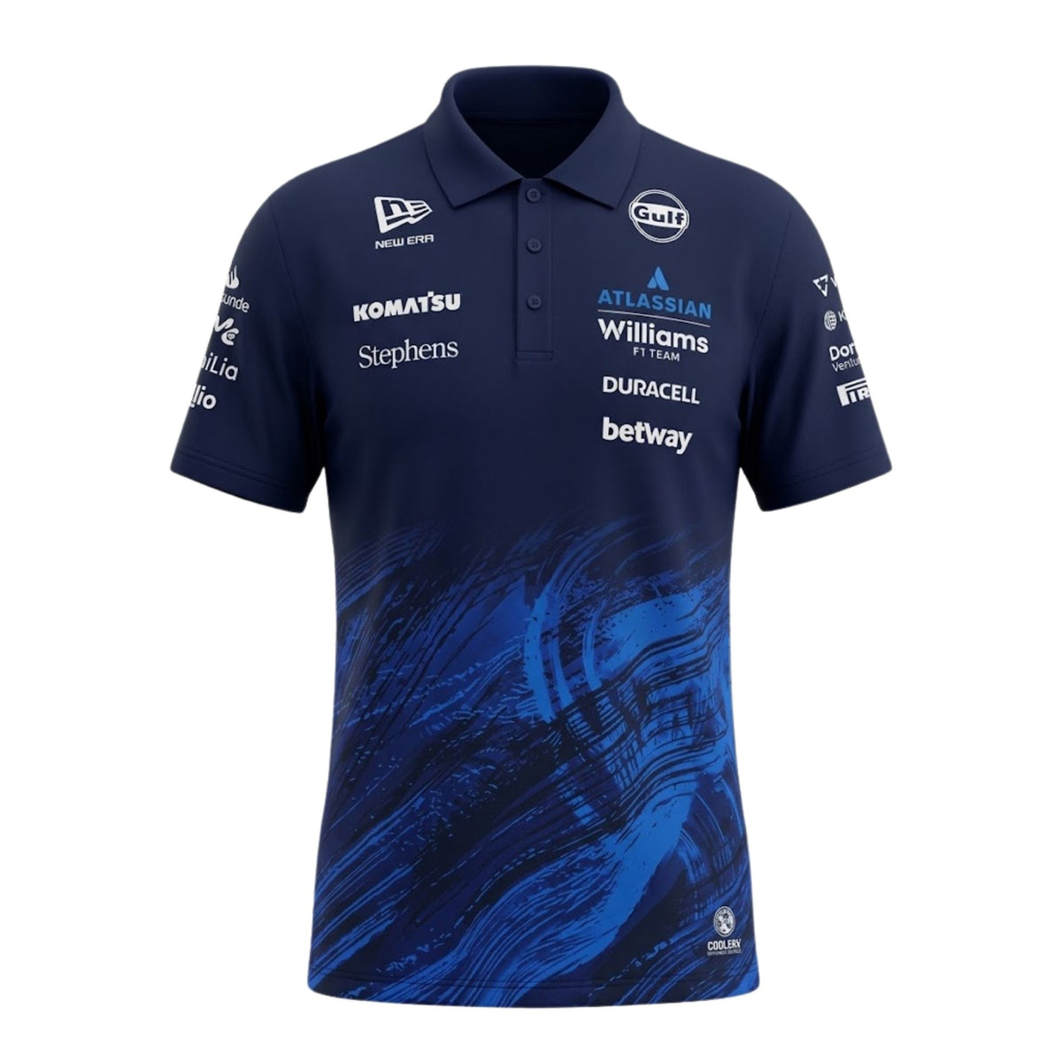 Official Williams Racing 2026 team polo shirt in navy blue, featuring sponsor logos including Gulf, Komatsu, and Duracell.
