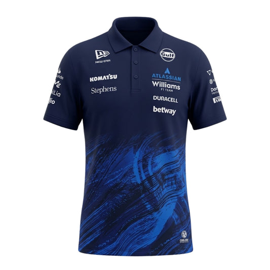 Official Williams Racing 2026 team polo shirt in navy blue, featuring sponsor logos including Gulf, Komatsu, and Duracell.