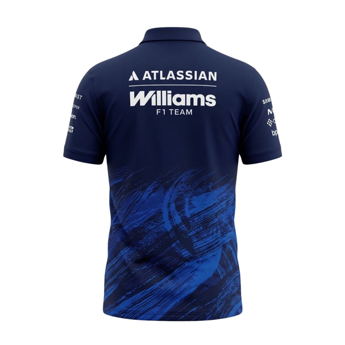 Official Williams Racing 2026 team polo shirt in navy blue, featuring sponsor logos including Gulf, Komatsu, and Duracell.