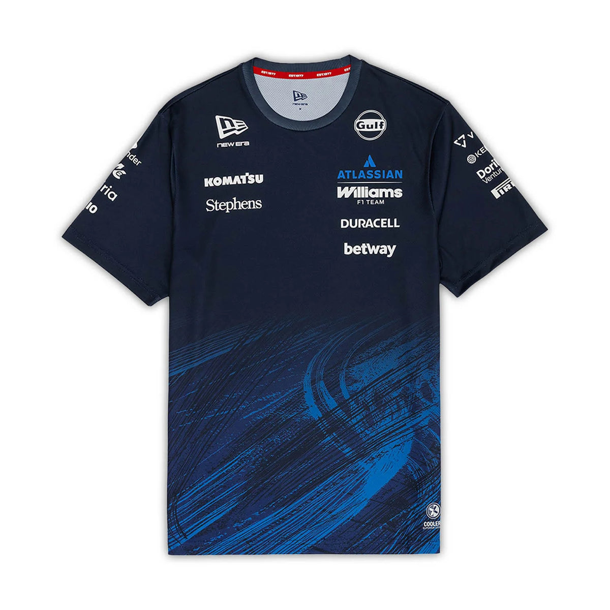 A navy blue and royal blue Williams Racing 2026 replica tech t-shirt featuring a crew neck, dynamic brushstroke graphics on the lower front, and official partner logos including Atlassian Williams F1 Team, Komatsu, Gulf, and Duracell across the chest.