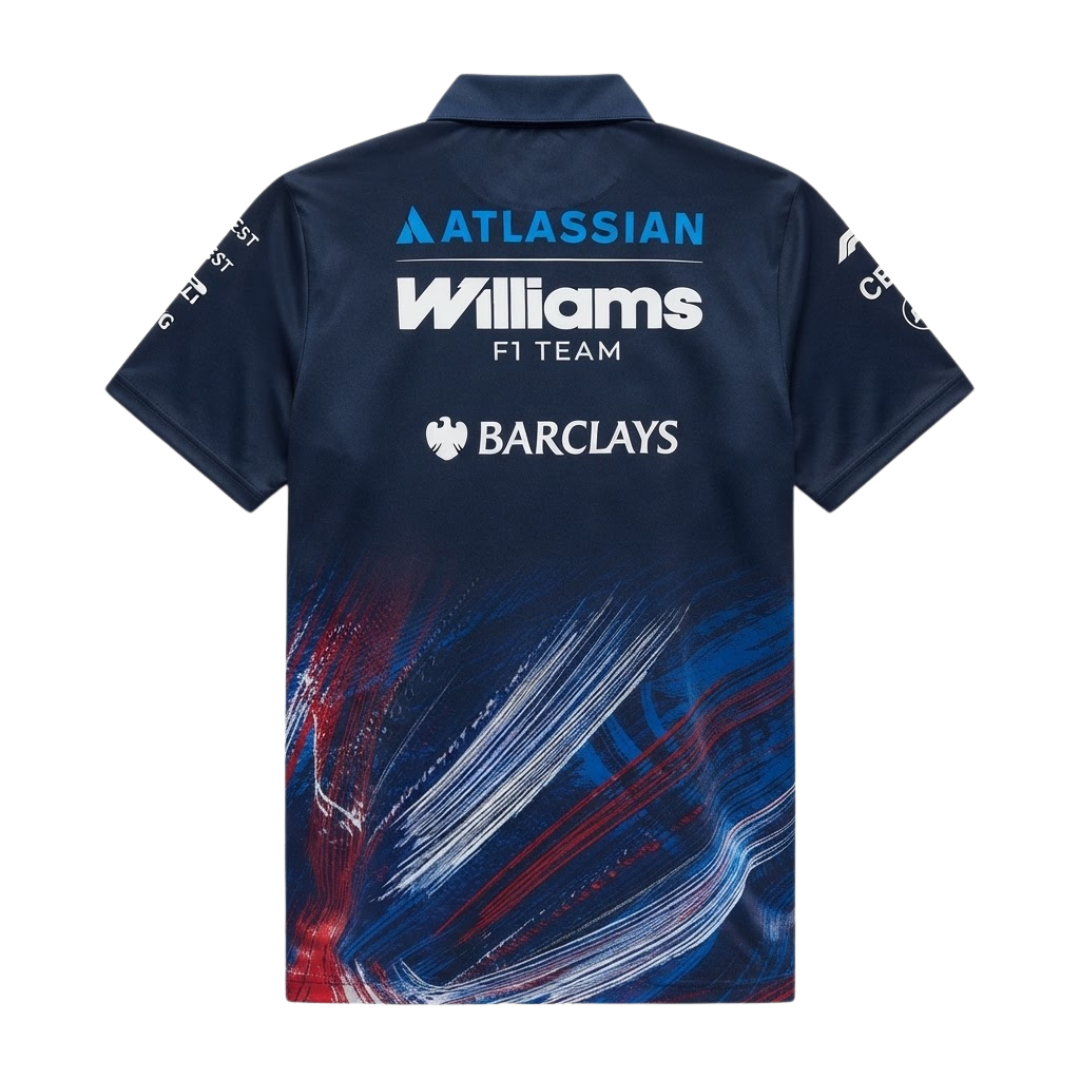 Official Williams Racing 2026 team polo shirt in navy blue and red, featuring sponsor logos including Gulf, Komatsu, and Duracell.