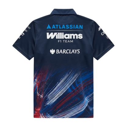 Official Williams Racing 2026 team polo shirt in navy blue and red, featuring sponsor logos including Gulf, Komatsu, and Duracell.