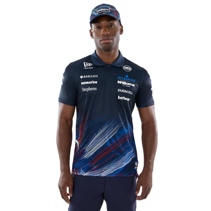 Official Williams Racing 2026 team polo shirt in navy blue and red, featuring sponsor logos including Gulf, Komatsu, and Duracell.