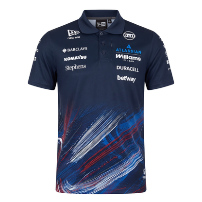 Official Williams Racing 2026 team polo shirt in navy blue and red, featuring sponsor logos including Gulf, Komatsu, and Duracell.
