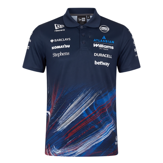 Official Williams Racing 2026 team polo shirt in navy blue and red, featuring sponsor logos including Gulf, Komatsu, and Duracell.
