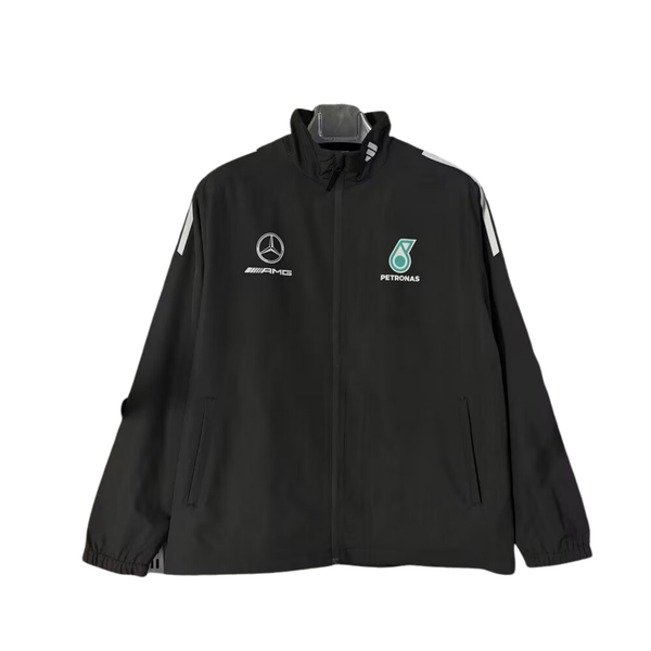 A black Mercedes-AMG Petronas F1 team windbreaker jacket, featuring a full front zipper and the Mercedes-Benz and Petronas logos on the chest.